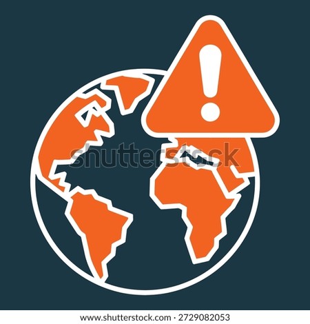 Stylized representation of planet Earth with an orange warning sign featuring an exclamation mark symbolizing global alerts or environmental concerns