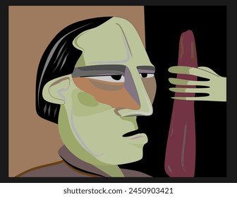 A stylized representation of a profile of a male figure with distinctive facial features holding up a brown club. The man's face is depicted in various shades of green and gray