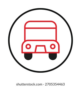 A stylized representation of a red bus encircled in black. The simple, clean design evokes a sense of modern urban transport and accessibility. This minimalist icon is suitable for travel-related