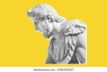 A stylized representation of a statue, featuring a figure with long hair and a beard, set against a bright yellow background. The image uses a dot pattern to create a modern artistic effect.