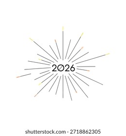 Una representación estilizada del año 2026 representada como un elemento central dentro de una ráfaga de líneas radiantes, que se asemeja a un bengala o fuegos artificiales.