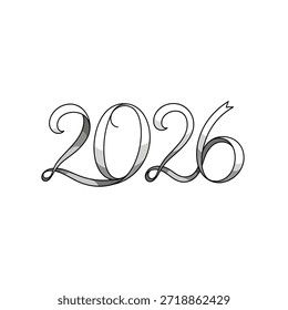 Una representación estilizada del año 2026 representada en una caligrafía fluida y elegante con un efecto de cinta.