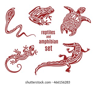 Stylized reptiles and amphibian vector icon set. Ornamental silhouette of reptiles: snake (cobra), frog, turtle, salamander (lizard). Reptiles tattoo sketch. Totem design. Vector reptiles illustration