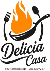 A stylized restaurant or kitchen logo featuring a black frying pan with bright orange flames, flanked by a fork and spoon