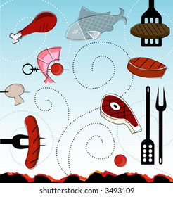 Stylized Retro barbeque Icons with blue sky. Items are grouped so you can use them independently from the background. Layered file for easy edit--no transparencies or strokes!