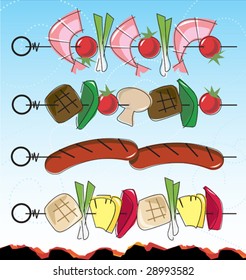 Stylized Retro barbeque kebab Icons with blue sky. Layered file for easy edit--no transparencies or strokes!