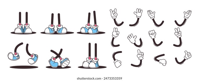 Stylized Of Retro Cartoon Hands And Legs In Various Poses And Gestures Such As Pointing, Waving, And Showing Peace Signs