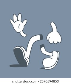 Stylized retro cartoon-style limbs, including hands and feet, on a gray background. Creative and playful element, ideal for artistic concepts. Vector illustration