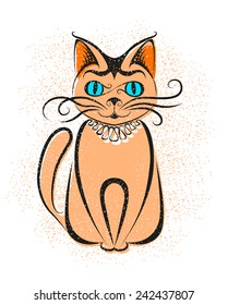 Stylized retro cat print, isolated, editable. 