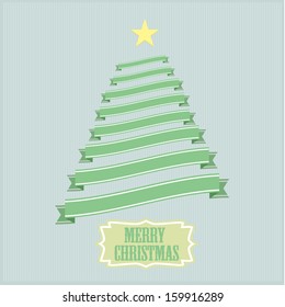 stylized retro christmas tree out of green ribbons with yellow star, eps10 vector
