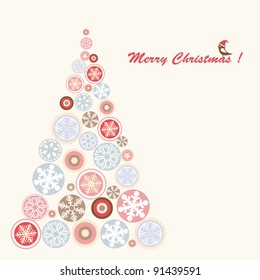 Stylized retro christmas tree with snowflake. Vector illustration