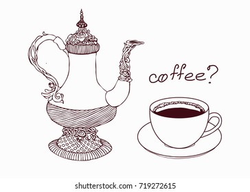 Stylized retro coffee pot and cup of coffee. Drawing with zentangle elements. Coffee drinking. Isolated brown line vector sketch above white background. Vintage. Hand drawn. Brown and white. Line art.