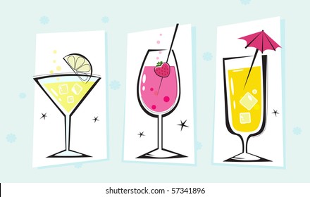 Stylized retro drinks collection isolated white background. Martini and Cocktails glasses. Take hot summer mixed drinks! Vector