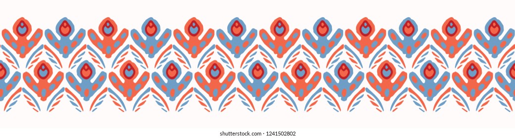 Stylized Retro Floral Seamless Vector Border. Colorful Folk Flowers Motif Banner. Vintage 1970's Style on Pink Background. Trendy for Girly Stationery, Floral Packaging, Kitchen Ware, Isolated Edgings
