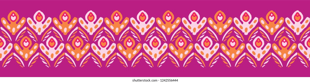 Stylized Retro Floral Seamless Vector Border. Colorful Boho Folk Flowers  Banner. Vintage 1970's Style on Purple Background. Trendy for Girl Stationery, Floral Packaging, Kitchen Ware, Isolated Edging