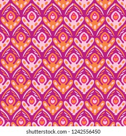 Stylized Retro Floral Seamless Vector Pattern. Colorful Boho Folk Flowers Damask . Vintage 1970's Style on Purple Background. Trendy for Girly Stationery, Floral Packaging, Home Decor, Kitchen Ware.