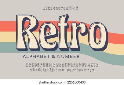 Stylized retro font and alphabet in retro 90s, 80s style. Vector alphabet abc. Signs, numbers and symbols