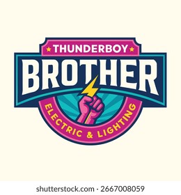 Stylized retro graphic features text and a hand gripping a lightning bolt, designed with bold colors and vintage style for vector illustration projects.