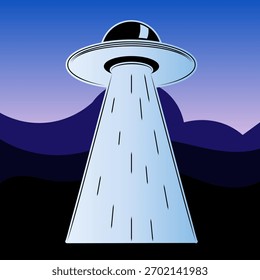 Ilustração retrô estilizada de um OVNI pairando sobre uma paisagem ao entardecer, emitindo um feixe luminoso brilhante em direção ao solo. A cena apresenta gradientes suaves, contornos em negrito