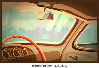 Stylized retro interior vector illustration of an old car with a view of the city