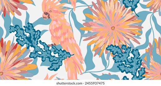 Stylized retro layered flowers and cockatoo parrot. Vector seamless overlapping pattern. Fantasy blooming flowers. Colorful tropical floral spring summer background.