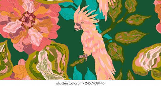 Stylized retro layered flowers and cockatoo parrot. Vector seamless overlapping pattern. Fantasy blooming flowers. Colorful tropical floral spring summer background.