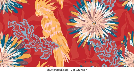 Stylized retro layered flowers and cockatoo parrot. Vector seamless overlapping pattern. Fantasy blooming flowers. Colorful tropical floral spring summer background.