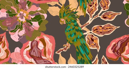 Stylized retro layered flowers and cockatoo parrot. Vector seamless overlapping pattern. Fantasy blooming flowers. Colorful tropical floral spring summer background.