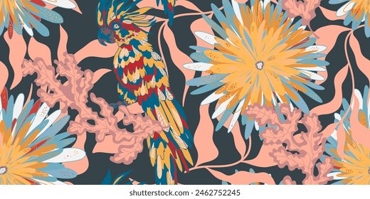 Stylized retro layered flowers and cockatoo parrot. Vector seamless overlapping pattern. Fantasy blooming flowers. Colorful tropical floral spring summer background.