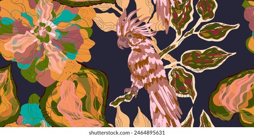 Stylized retro layered flowers and cockatoo parrot. Vector seamless overlapping pattern. Fantasy blooming flowers. Colorful tropical floral spring summer background.