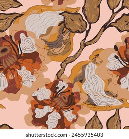 Stylized retro layered flowers. Vector seamless overlapping pattern. Fantasy blooming flowers. Colorful floral spring summer background.