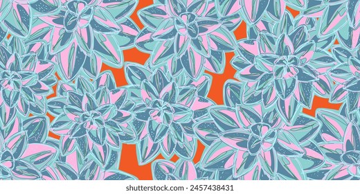 Stylized retro layered succulents. Vector seamless overlapping pattern. Fantasy blooming flowers. Colorful tropical floral spring summer background.