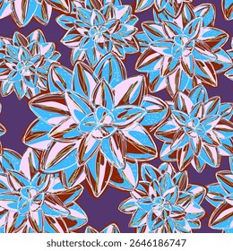 Stylized retro layered succulents. Vector seamless overlapping pattern. Fantasy blooming flowers. Colorful tropical floral spring summer background