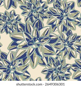 Stylized retro layered succulents. Vector seamless overlapping pattern. Fantasy blooming flowers. Colorful tropical floral spring summer background