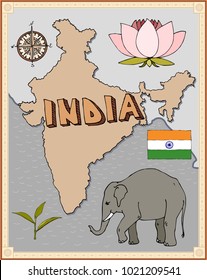 stylized retro map india water lily lotus elephant tea leaf national flag