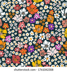 Stylized retro pattern with chamomiles on dark background. Seamless print with wild flowers. Vintage collection. Template for textile design, cards, wallpapers, gift wrappings.