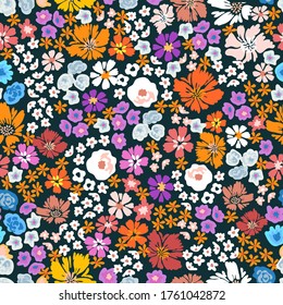 Stylized retro pattern with garden flowers on dark background. Seamless print with wildflowers. Vintage collection. Template for textile design, cards, wallpapers, gift wrappings.