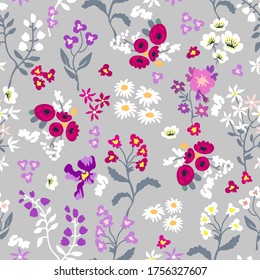 Stylized retro pattern with poppies on grey background. Seamless print with wild flowers. Vintage collection. Template for textile design, cards, wallpapers, gift wrappings.