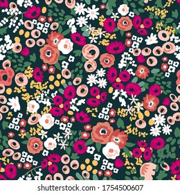 Stylized retro pattern with roses on dark background. Seamless print with wild flowers. Vintage collection. Template for textile design, cards, wallpapers, gift wrappings.