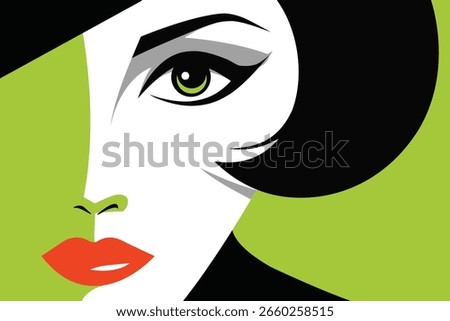 Stylized retro portrait of a woman's face in bold minimal art style. Features black hair, green accents, and red lips. Elegant and graphic with a modern vintage touch.