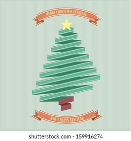 stylized retro ribbon christmas tree with yellow star, eps10 vector