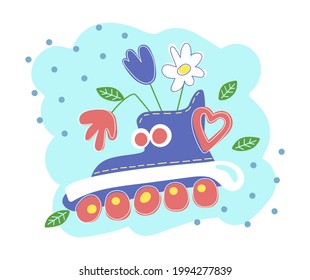 Stylized retro roller skates, blue with a small bouquet of flowers. Decorative illustration.