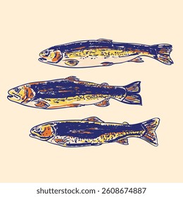Stylized retro trout fish illustration in hand-drawn ink with bold vintage colors. Ideal for retro seafood packaging, classic food posters, vintage kitchen decor, or nostalgic culinary branding.