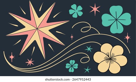 Stylized retro vector background with starburst, mid-century flowers, and whimsical celestial elements. Perfect for decorative and design projects.