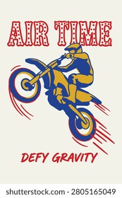 A stylized retro vector illustration features a motocross rider mid-air performing a daring stunt in primary colors. The bold typography and dynamic motion lines evoke a sense of high-energy adventure and nostalgia. Use this image for apparel design and extreme sports marketing.