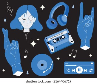 Stylized Retro Vintage Set Of Illustrations Musical Theme, Nostalgia, Music. Music Cassette, Record, Headphones, Rock Hands, Playlist, Sound, Listening To Music. Icons Set.