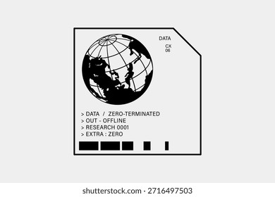 Um dispositivo de armazenamento de dados estilizado e retro-futurista com um gráfico globo e rótulos de texto como DATA ZERO TERMINATED OFFLINE RESEARCH DOT EXTRA ZERO