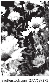A stylized, retro-inspired graphic featuring a cluster of daisy flowers rendered in a high-contrast halftone dot pattern, evoking a vintage print look.