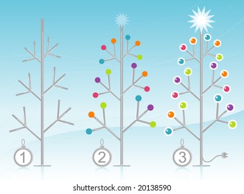 Stylized Retro-modern 3-Step Christmas Tree Decorating Kit. Flexible, easy-edit layered file.