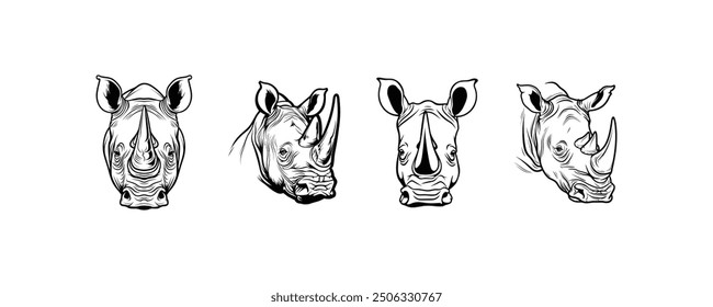 Stylized Rhino Head Illustrations in Black and White. Vector icon design.